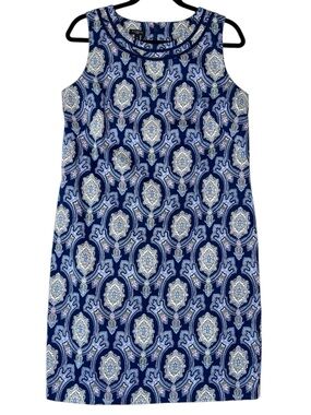 Talbots COTTON SATEEN SHIFT DRESS MEDALLION Sz 12P Petite Blue Classic